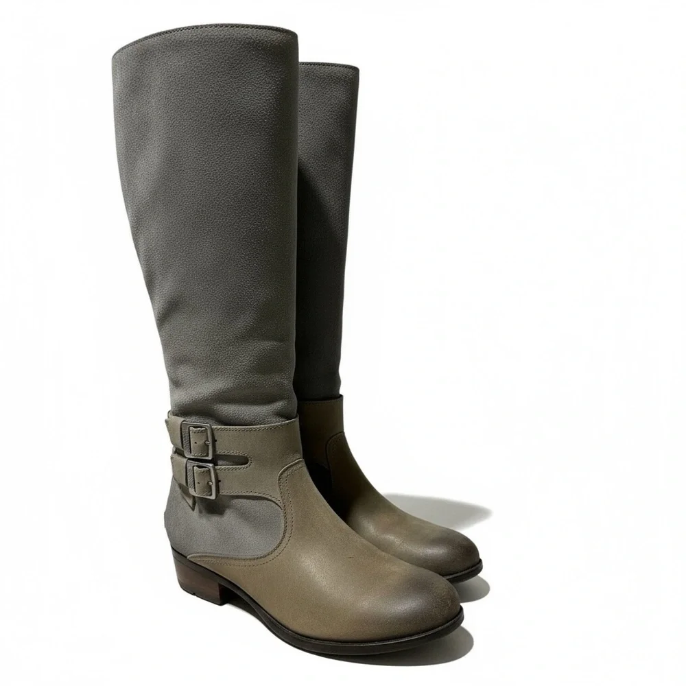 Sorel Lolla II Tall Quarry Gray Suede Knee High Double Buckle Zip Up Heel Boots